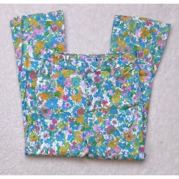 NWT Zara Floral Printed Linen Blend High Waisted Cropped Flare Trousers, Size 4 - Picture 11 of 16